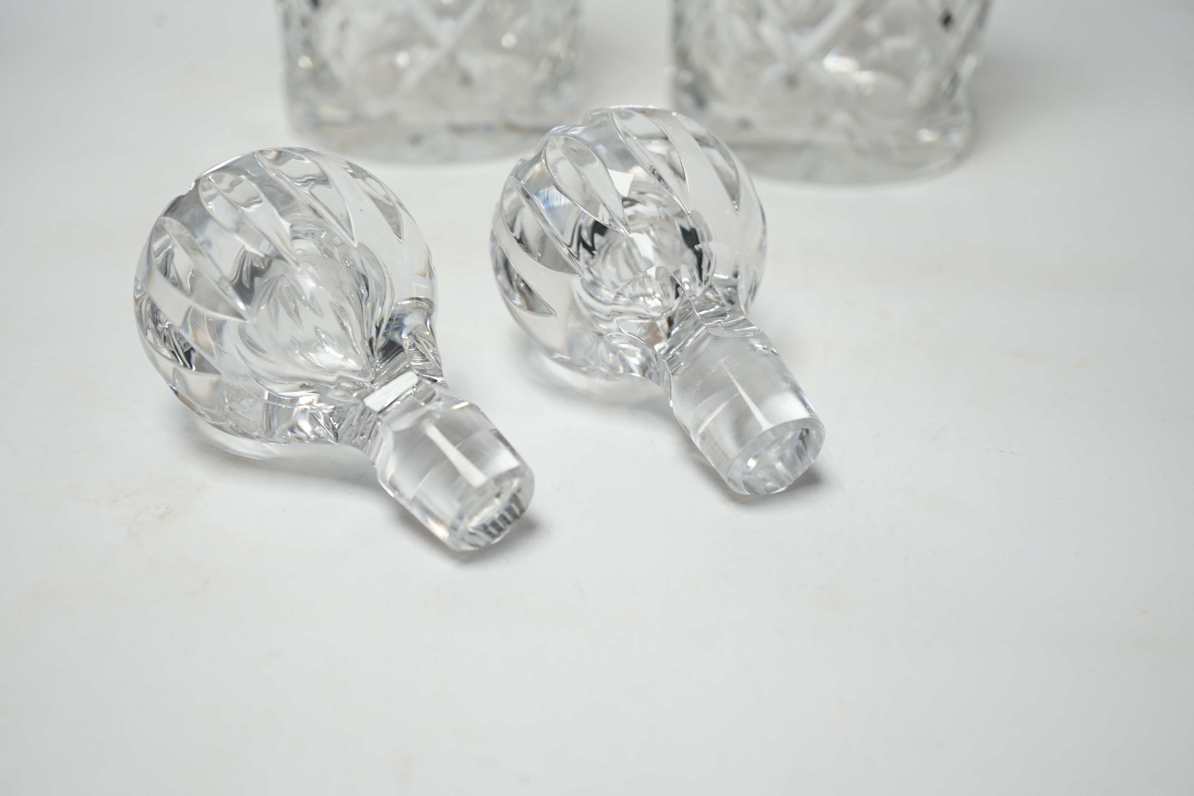A modern pair of silver mounted cut glass cylindrical decanters with stoppers, Birmingham, 1971/73, 26cm.